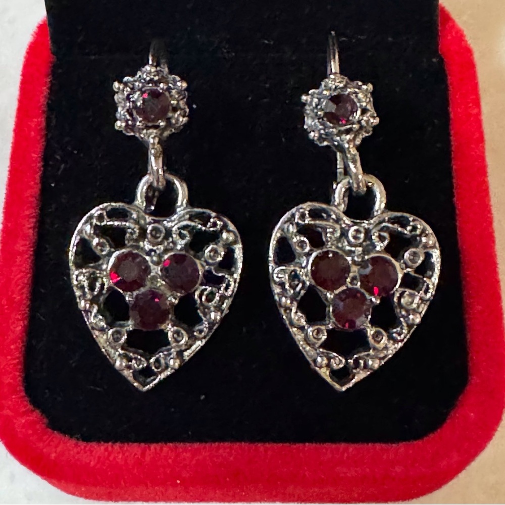 Vintage Ruby Silver Heart Pierced Earrings